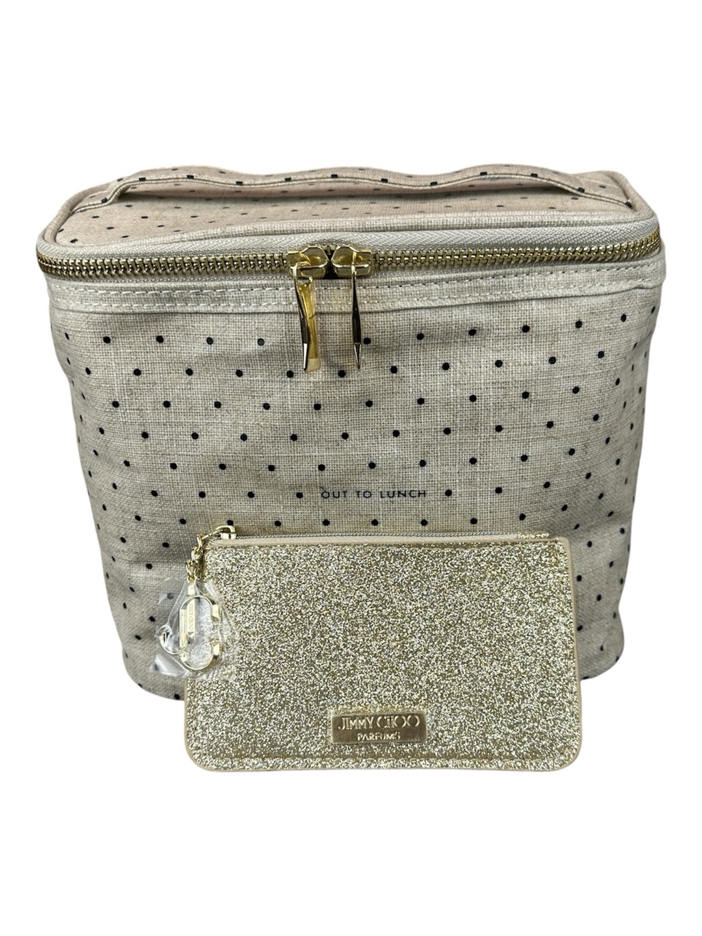 Kate Spade Lunch Tote + Jimmy Choo Glitter Pouch Bundle Deco Dot Set